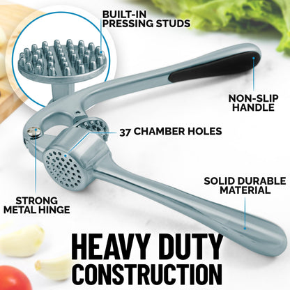 Zulay Kitchen Premium Garlic Press Set - Rust Proof & Dishwasher Safe Professional Garlic Mincer Tool - Easy-Squeeze, Easy-Clean with Soft, Ergonomic Handle - Silicone Garlic Peeler & Brush (Slate)