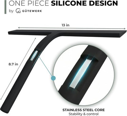GÜTEWERK Silicone Shower Squeegee - Streak-Free Glass & Mirror Cleaner | 3-in-1 No-Drill Mount, Black, 13 Inches
