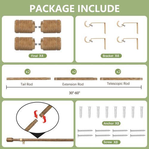 5/8” Diameter Curtain Rods 30-60 Inch, for 30-54 Inch Windows, Adjustable Splicing Wood Grain Curtain Rods for Windows with Brackets, Window Rod Long Small Curtains Rod, 2 Pack