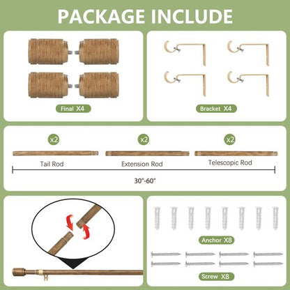 5/8” Diameter Curtain Rods 30-60 Inch, for 30-54 Inch Windows, Adjustable Splicing Wood Grain Curtain Rods for Windows with Brackets, Window Rod Long Small Curtains Rod, 2 Pack