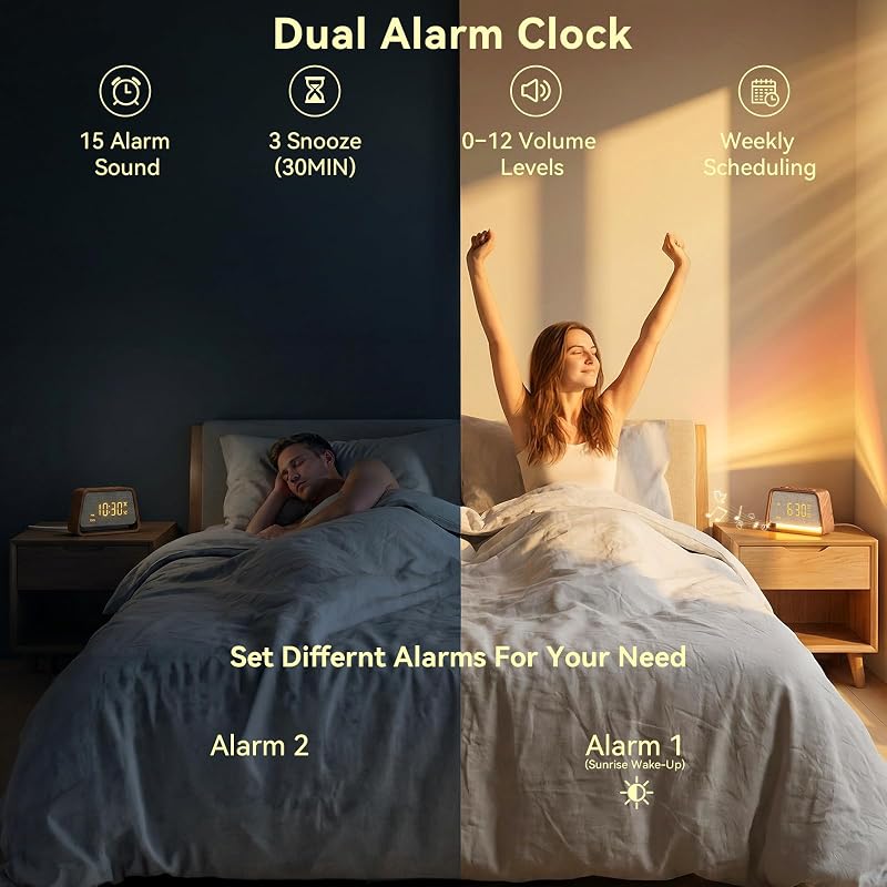 Alarm Clock with White Noise Machine & Night Light – Dark Wood Grain, Dual Alarm