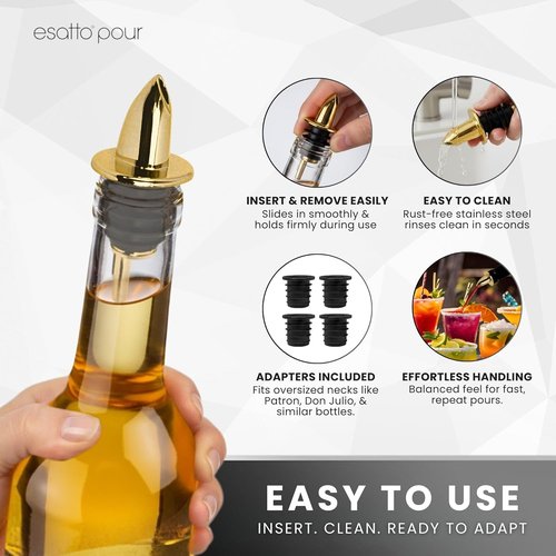ESATTO 12 Pack Classic Bottle Pourers, Liquor Pourers for Alcohol, Olive Oil, Bartender Accessories Includes 4 Liquor Pourer Adapters for Large Neck Bottles such as Patron Don Julio Tequila (Gold)