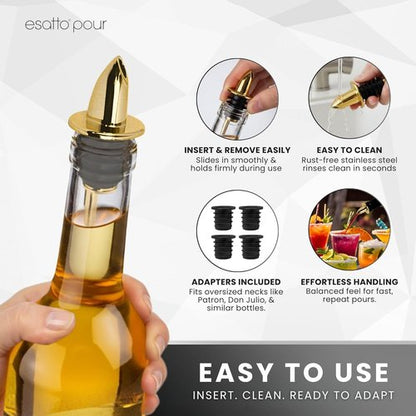 ESATTO 12 Pack Classic Bottle Pourers, Liquor Pourers for Alcohol, Olive Oil, Bartender Accessories Includes 4 Liquor Pourer Adapters for Large Neck Bottles such as Patron Don Julio Tequila (Gold)