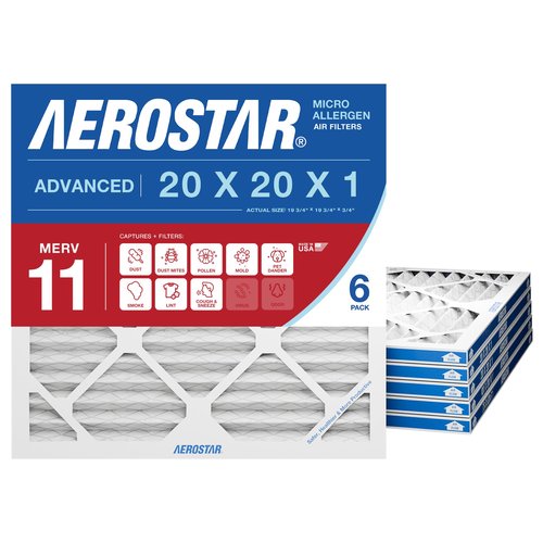 Aerostar 20x20x1 MERV 11 Air Filter, 6 Count, ACTUAL SIZE (19.75 x 19.75 x 0.75), HVAC, Air Conditioning & Furnace Filter for Dust, Pet Dander, Smoke & Allergies (MPR 1200 / FPR 7), Made in USA