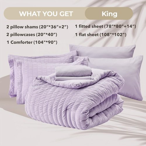 HYMOKEGE King Size Lavender Comforter Set - 7-Piece All-Season Luxury Bedding Set with Sheets & Pillowcases