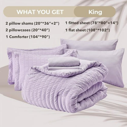 HYMOKEGE King Size Lavender Comforter Set - 7-Piece All-Season Luxury Bedding Set with Sheets & Pillowcases
