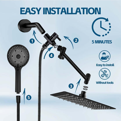 Shower Head,10 Inch High Pressure Rain Shower Head with Handheld Spray Combo, Adjustable Dual Rainfall Shower Head - Showerhead Comb Set with Extension Arm - 60 Inch Long Shower Hose（Black）