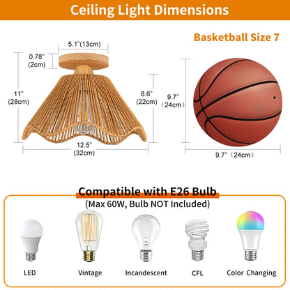 Zswanbei Boho Light Fixtures Ceiling Mount Boho Rattan Ceiling Light Flush Mount Mini Chandelier Woven Ceiling Light Fixture for Bedroom Hallway Entryway Bathroom Nursery, D32cm