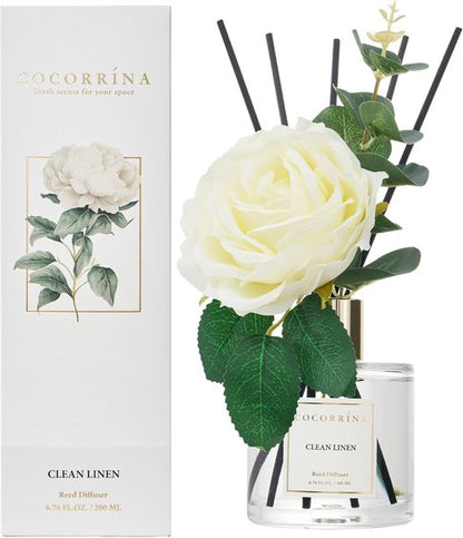 Cocorrína Flower Reed Diffuser - Clean Linen 6.7oz Scented Home Fragrance with Sticks for Bathroom Decor