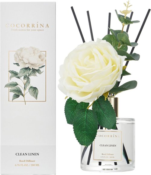 Cocorrína Flower Reed Diffuser - Clean Linen 6.7oz Scented Home Fragrance with Sticks for Bathroom Decor