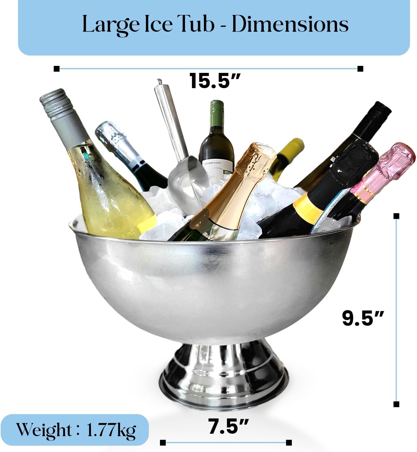 Premium 12L Large Ice Bucket for Parties – 16"x16"x10" Silver Stainless Steel Beverage Tub with Scoop – Insulated Ice Bucket for Cocktail Bar, Beers & Champagnes – 1.77kg Drink Bucket for Celebrations