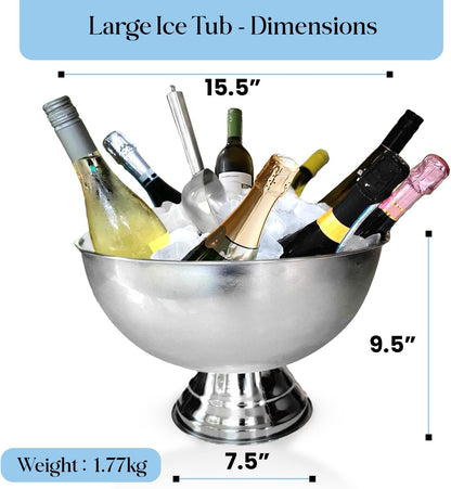 Premium 12L Large Ice Bucket for Parties – 16"x16"x10" Silver Stainless Steel Beverage Tub with Scoop – Insulated Ice Bucket for Cocktail Bar, Beers & Champagnes – 1.77kg Drink Bucket for Celebrations