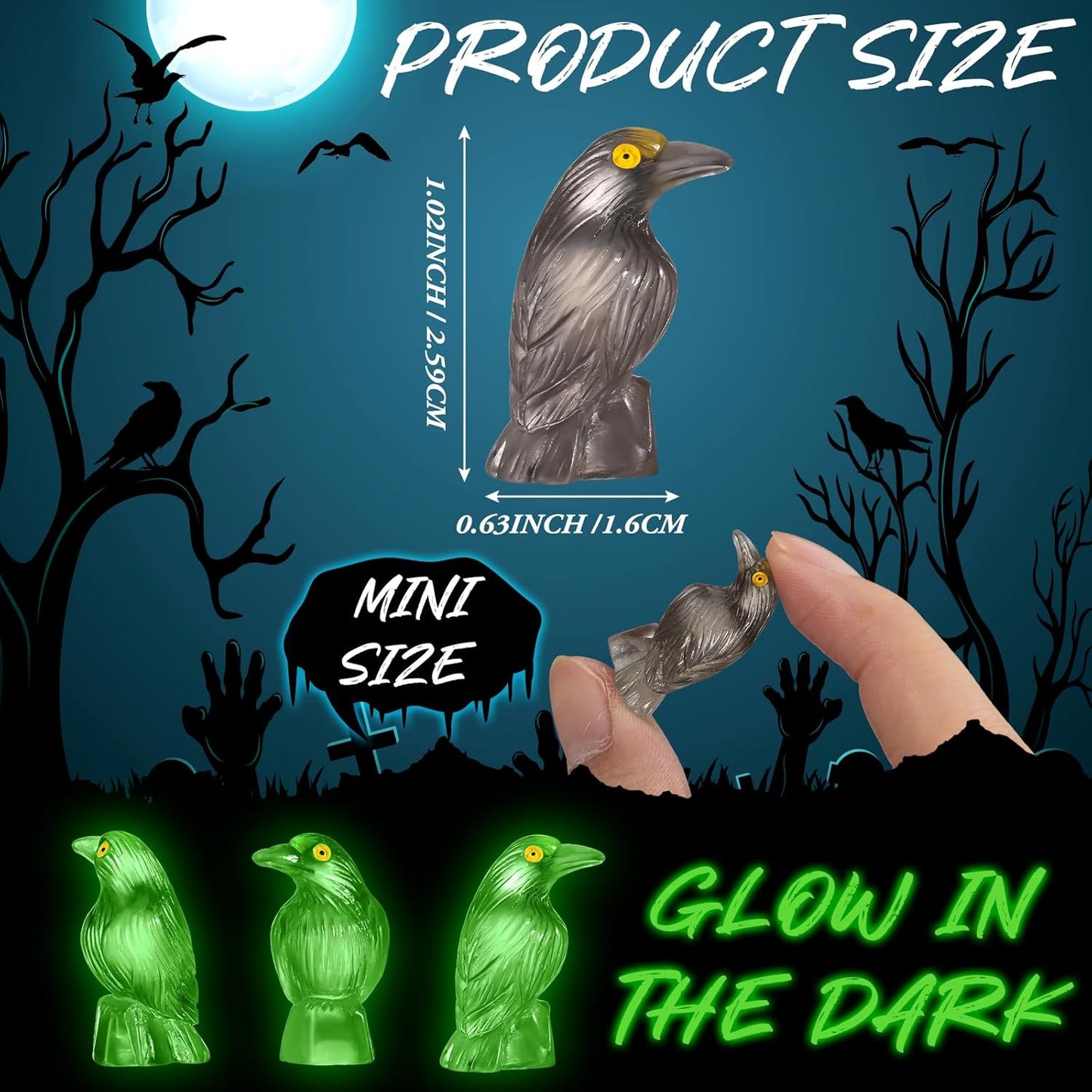 Skiennix Halloween Miniature Crows - Luminous Resin Figurines for Spooky Decor | 100 Pcs Glow in The Dark