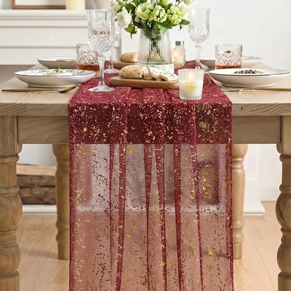 Artoid Mode Burgundy Gold Gauze Table Runner 120 Inch - 28 x 120 in, Glitter Foil