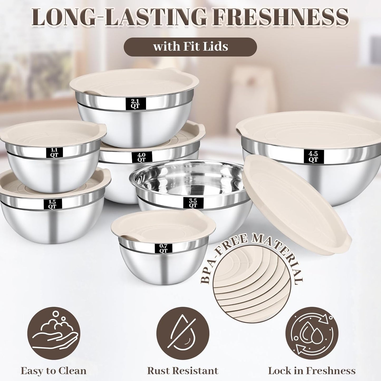 Stainless Steel Mixing Bowls Set by [Brand Name] - 7PCS with Lids for Baking & Meal Prep | Dishwasher Safe, Khaki