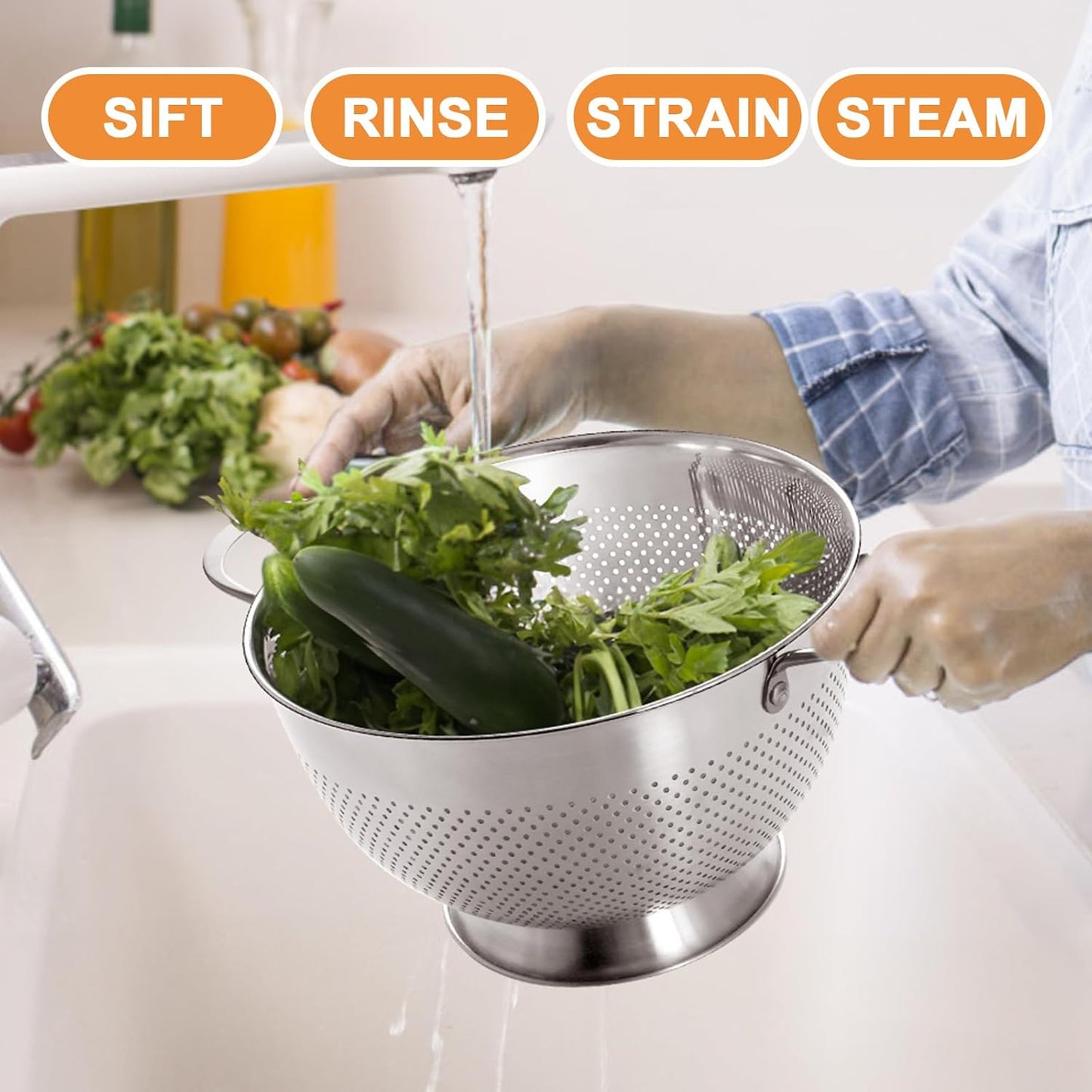 Stainless Steel Colander Set by [Brand Name] - Durable Rice & Pasta Strainers | Nesting Design, Rust-Resistant, Dishwasher Safe | 1.5, 3, & 5 Quart
