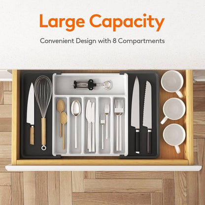 Lifewit Expandable Silverware Drawer Organizer - BPA-Free Utensil Tray for Kitchen | Adjustable 13-22 x 15" in White & Black