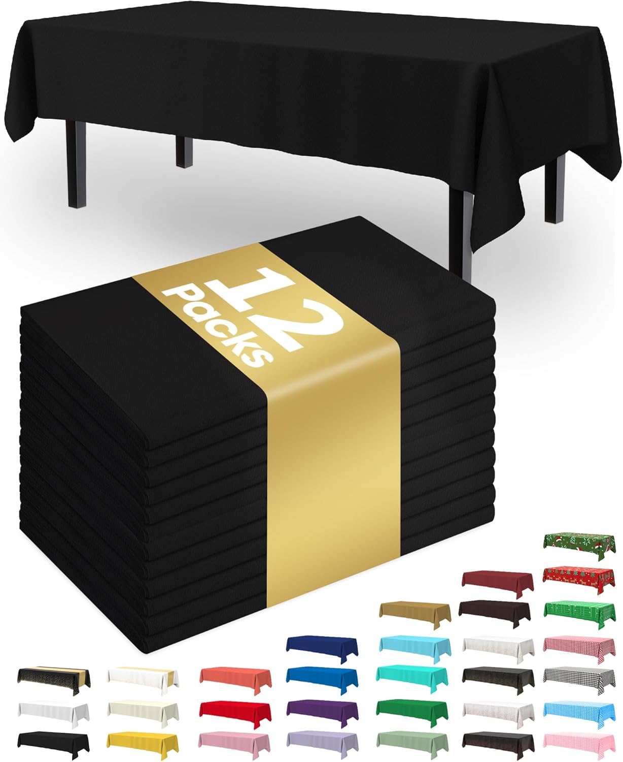 Pureegg Disposable Plastic Tablecloths - 12 Pack, 54 x 108 Inch, Sturdy & Leakproof for Parties, Picnics, Halloween, White & Black