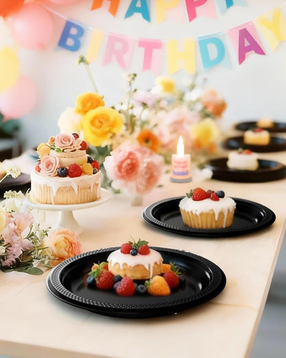 Pureegg 8-Pack White Disposable Tablecloths & 100 Heavy-Duty Black Plates | BPA-Free, Leakproof, Ideal for Parties & Picnics