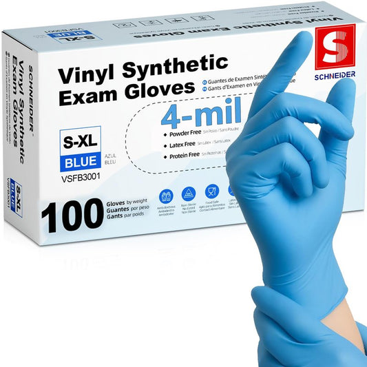 Schneider Blue Vinyl Synthetic Exam Gloves, Large, Box of 100, 4 Mil, Powder-Free, Latex-Free, Non-Sterile, Disposable Gloves
