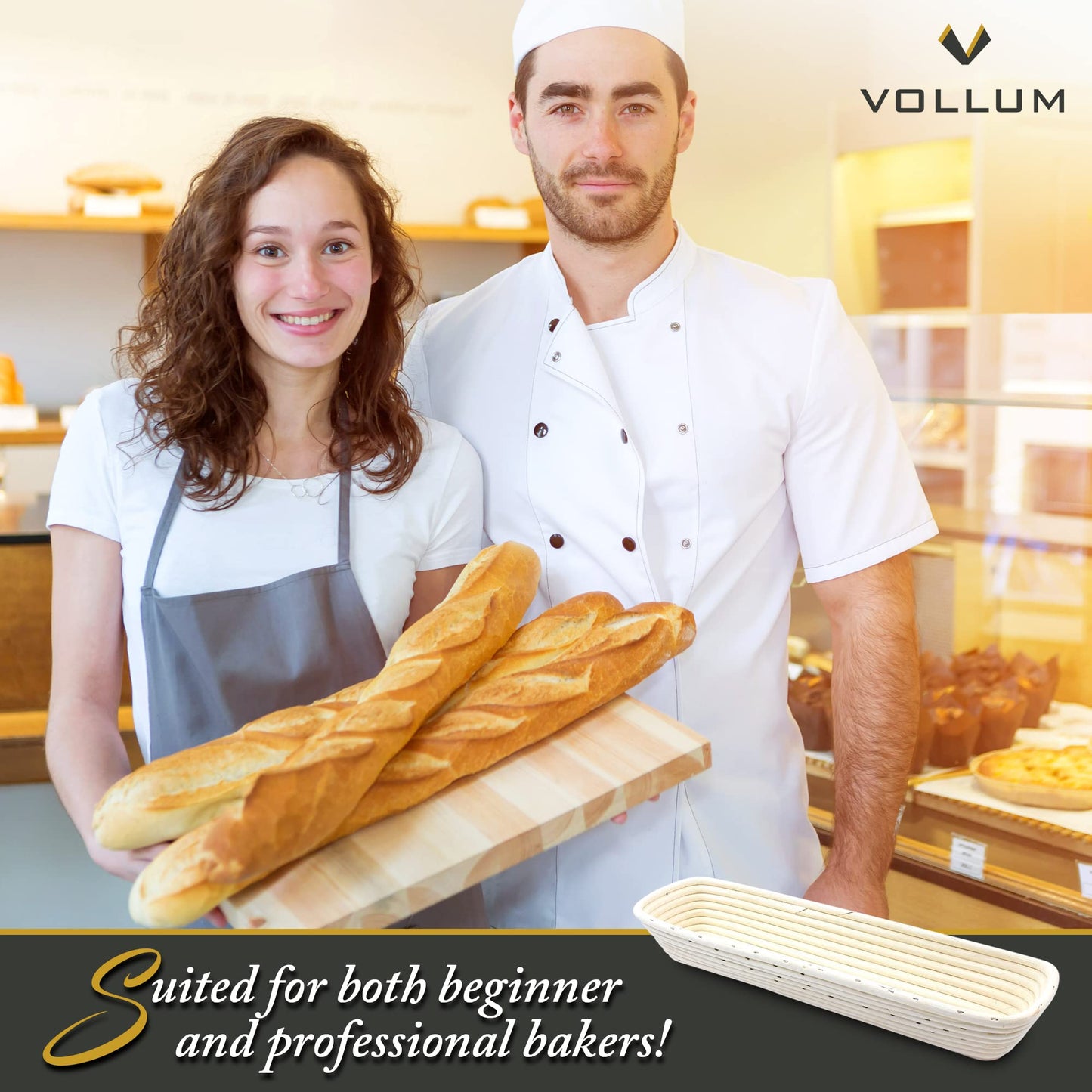 Vollum Bread Proofing | Banneton Baking Basket for Beginners & Professional Bakers | Handwoven Rattan Cane Bread Maker for Artisan Breads | 13.5 Inch x 3.5 Inch x 3 Inch, 0.5-lb Rectangular Brotform