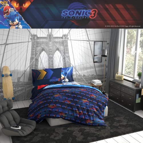 Franco Sonic The Hedgehog 3 Movie Kids Bedding Super Soft Comforter and Sheet Set, 4 Piece Twin Size, (Officially Licensed Product)