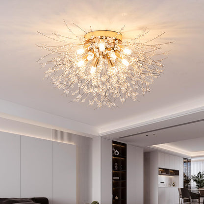 Crystal Flush Mount Ceiling Light, Gold Modern Sputnik Firework Close to Ceiling Lamp, LED Flower Ceiling Light Fixtures for Living Room Bedroom Kitchen Island Entryway Hallway Foyer, With 9 G9 Bulbs