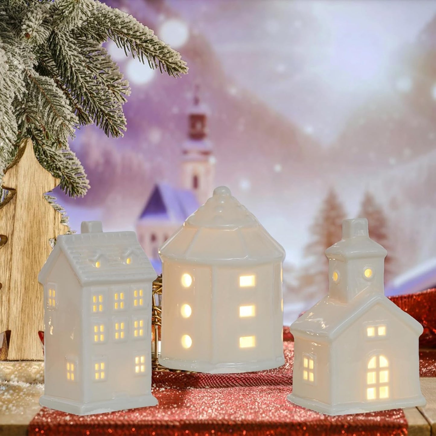 Regine Switzerland Ceramic Christmas Village Houses - White Tabletop Figurines for Festive Home Decor | Light-Up Xmas Collection