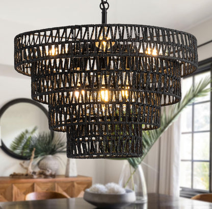 20 inch Pendant Lights Kitchen Island, 6 Lights Large Boho Chandeliers, Height Adjustable Hand Woven Rustic Farmhouse Ceiling Light for Dining Room Living Room Height Adjustable,4 tier, Black