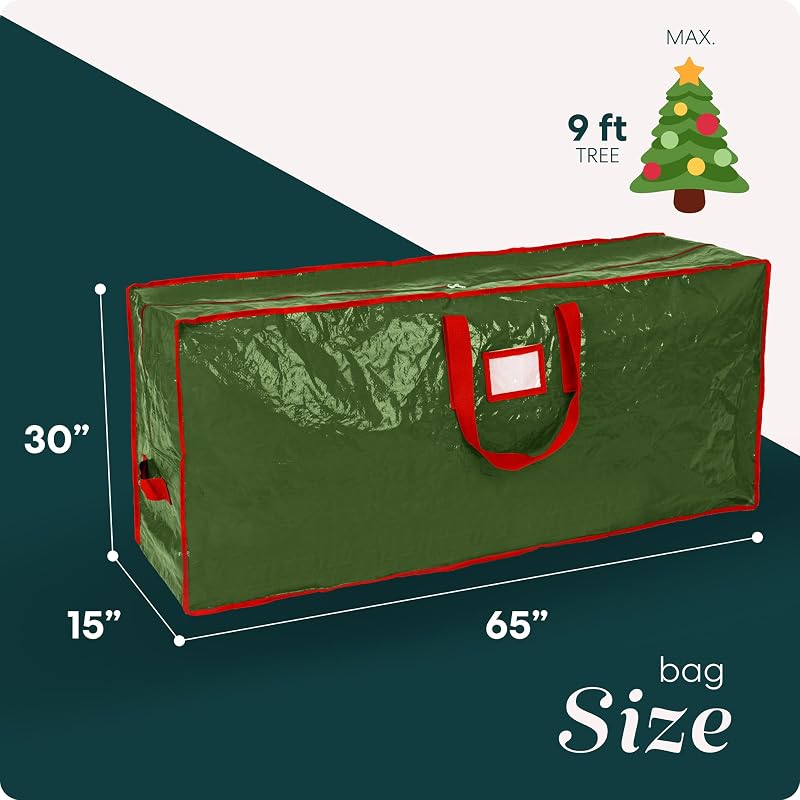 Christmas Tree Storage Bag for 9 ft - Durable Waterproof Tote with Dual Zippers & Handles (Green) - Includes Space for Accessories