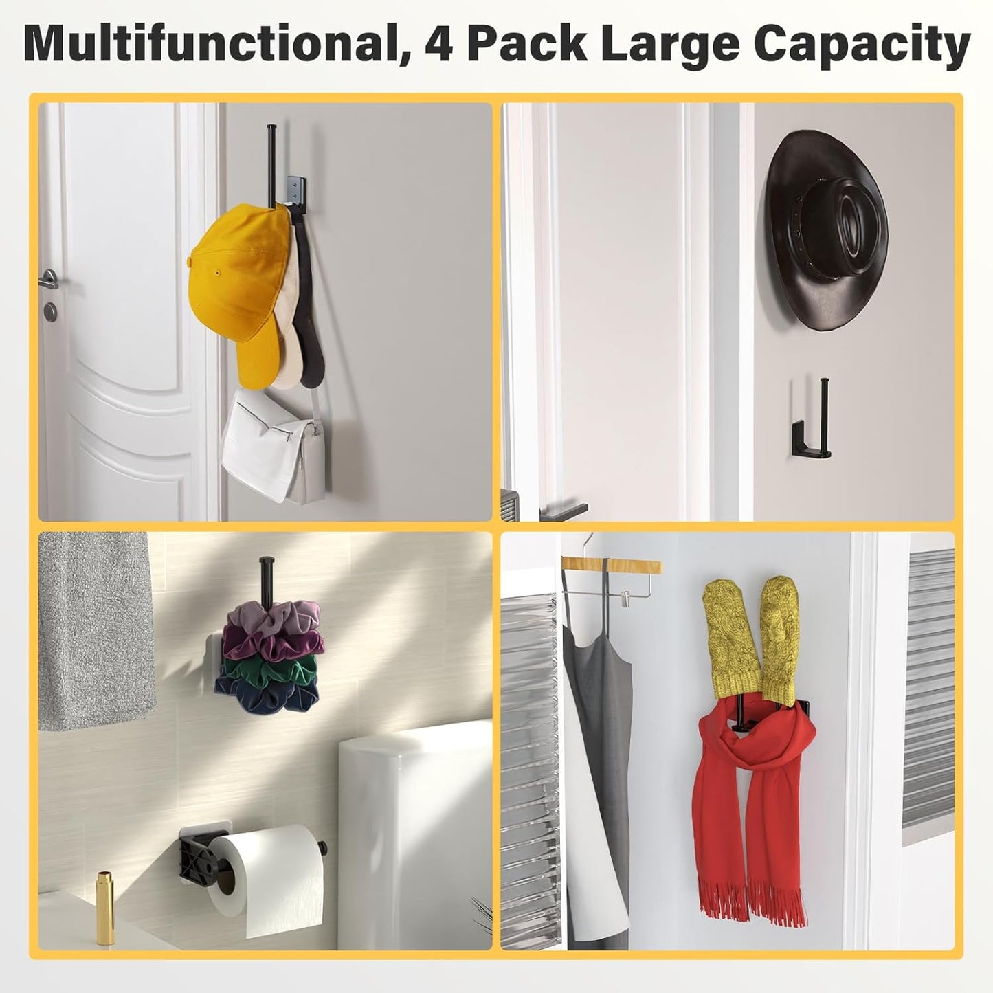 Skiennix Adhesive Hat Hooks - 4 Pack Wall Rack for Baseball Cap Storage | Black Hat Hanger Holder