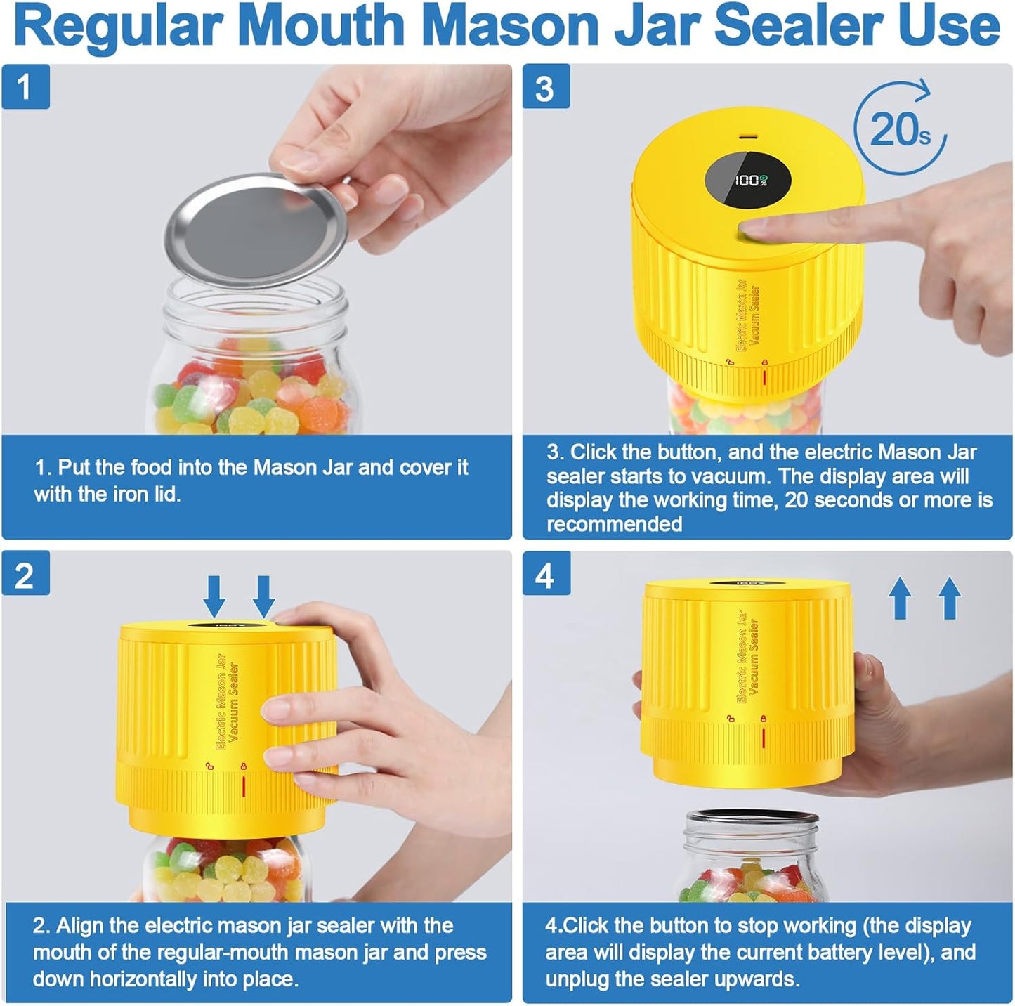 Skiennix Electric Mason Jar Vacuum Sealer Kit - Ideal for Wide & Regular Mouth Jars - Yellow