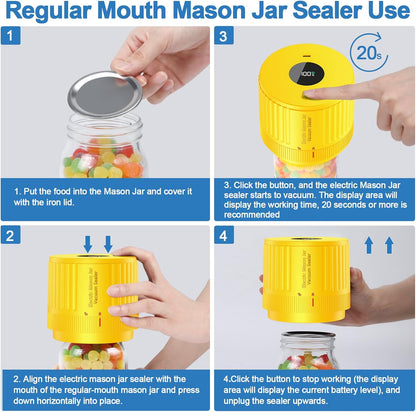 Skiennix Electric Mason Jar Vacuum Sealer Kit - Ideal for Wide & Regular Mouth Jars - Yellow