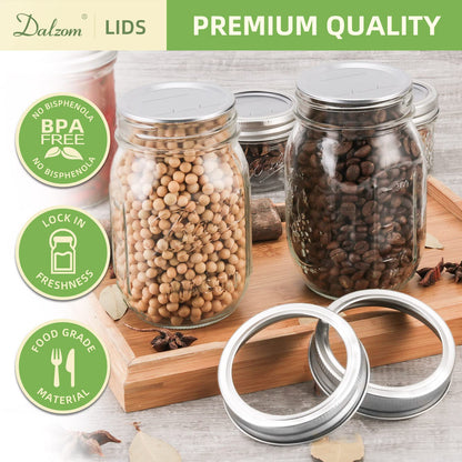 Dalzom® 144Pcs Canning Lids with Rings Wide Mouth, Premium Mason Jar Lids with Rings for Wide Mouth Ball, Kerr Jars - Food Grade Material, 100% Fit & Airtight for Wide Mouth Mason Jars