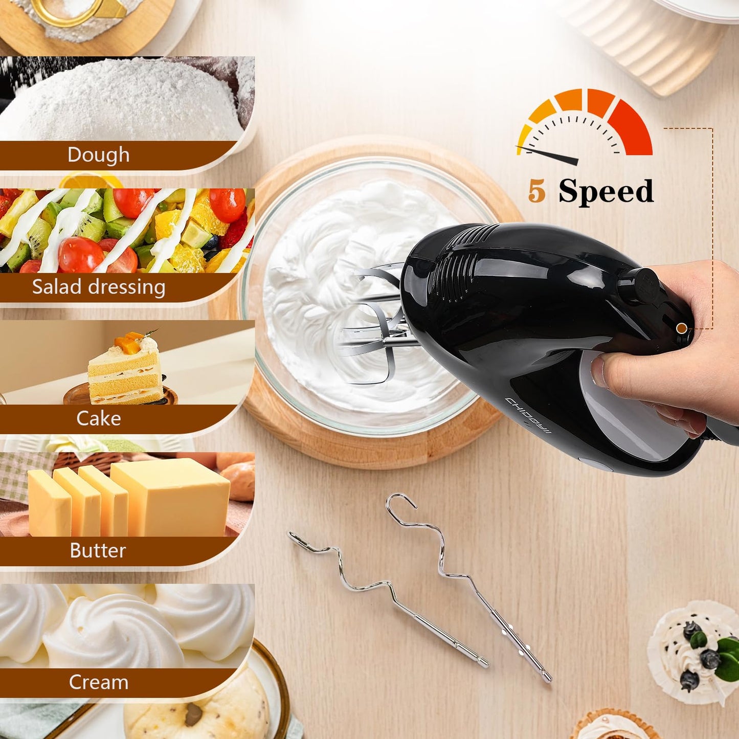 CHIDOYII 5-Speed Hand Mixer Electric Handheld，300 W Electric Whisk with 4 Stainless Steel Accessories，Electric Hand Mixer for Baking Cakes, Eggs, Cream （Black）