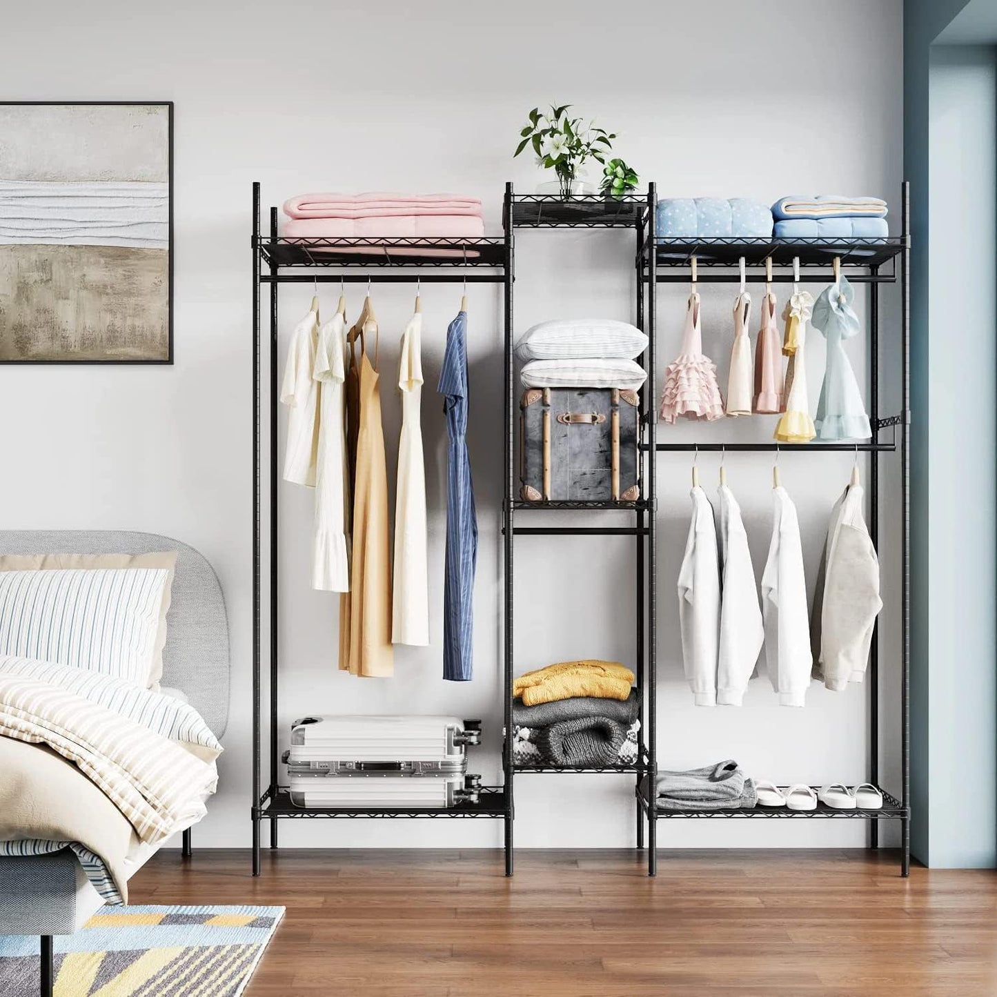 PayLessHere Adjustable Metal Garment Rack - Portable Clothing Organizer with 4 Hanger Rods & 7 Shelves | Black, 830 LBS Capacity