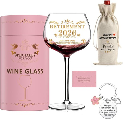 2026 Retirement Gifts for Women, Personalized Art Words Red Wine Glass Set, Pink Gift Package with Goblet, Key Chain, Wine Bag, and Farewell Card for Retired Woman