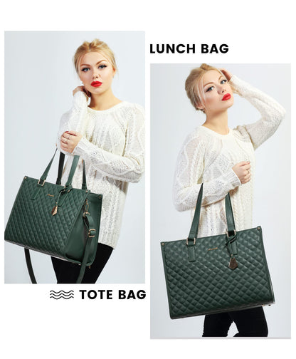 LOVEVOOK Lunch Tote Bag for Women, 15.6 Inch Laptop Bag with Insulated Lunch Compartment, Quilted Large Capacity Computer Handbag with Purse for Business, Work, Nurse, Collage, Office, Casual, Green