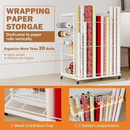 Skiennix Wrapping Paper Organizer - Rolling Gift Wrap Cart with 20 Roll Holders & 3 Drawers, White