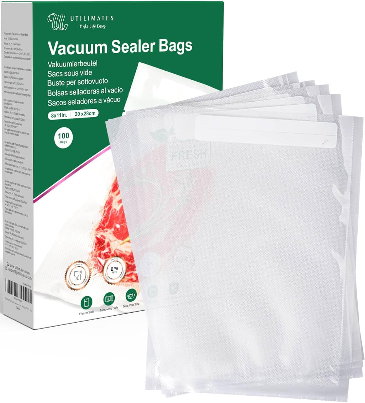 Quart Vacuum Sealer Bags - 8x11 Inch BPA-Free Heavy Duty Food Storage | 100 Count Precut with Labels