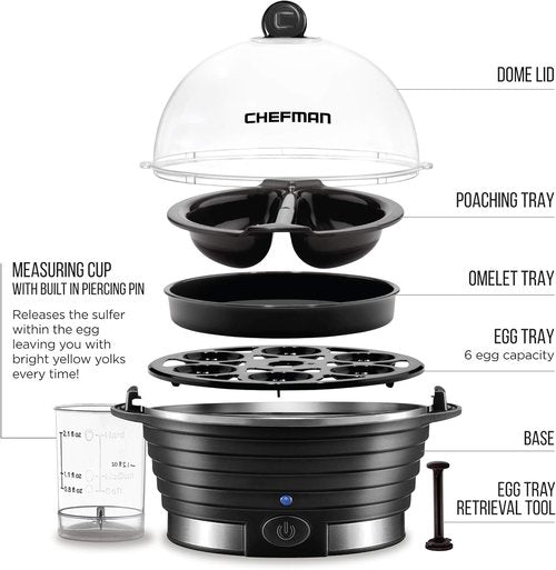 Chefman Egg Maker - Rapid Poacher & Vegetable Steamer | Makes Up to 6 Eggs, BPA-Free, Black