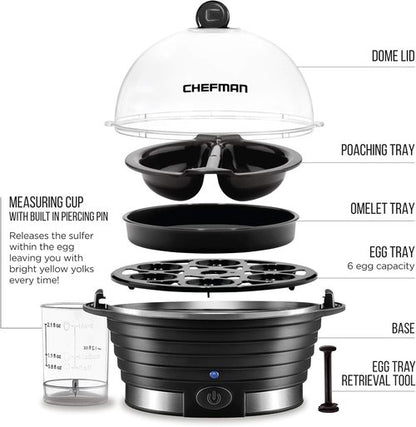 Chefman Egg Maker - Rapid Poacher & Vegetable Steamer | Makes Up to 6 Eggs, BPA-Free, Black