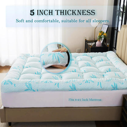 WhatsBedding 5-Inch Full Mattress Topper - Breathable Bamboo Viscose & Memory Foam, Blue Color
