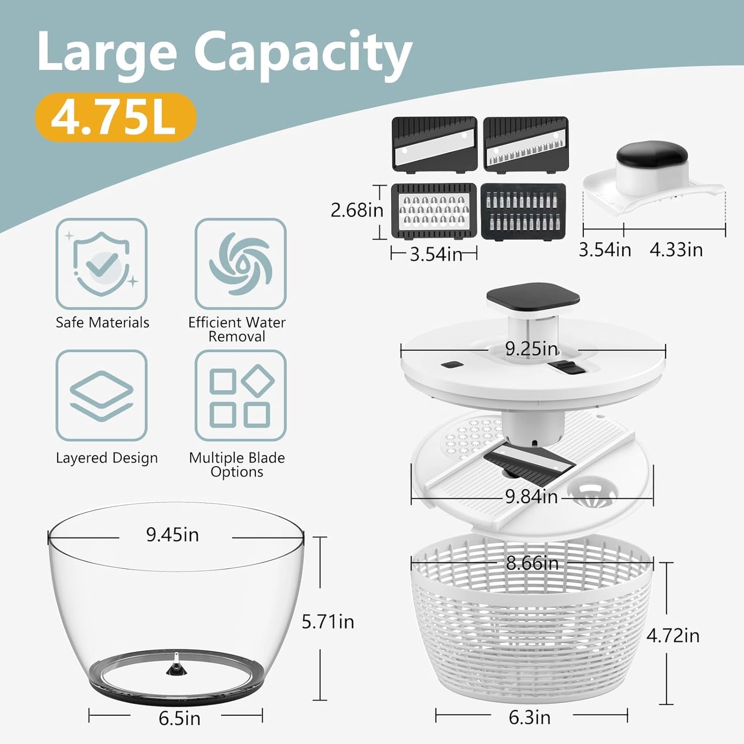 Salad Spinner by [Brand Name] - Large 5 Quart Lettuce Washer with 4 Blades & One-Handed Easy Press - Grey