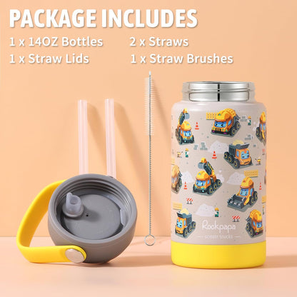 Rockpapa 14 Oz Kids Insulated Water Bottle - Stainless Steel, BPA Free, Leak-Proof | Grey Construction Trucks