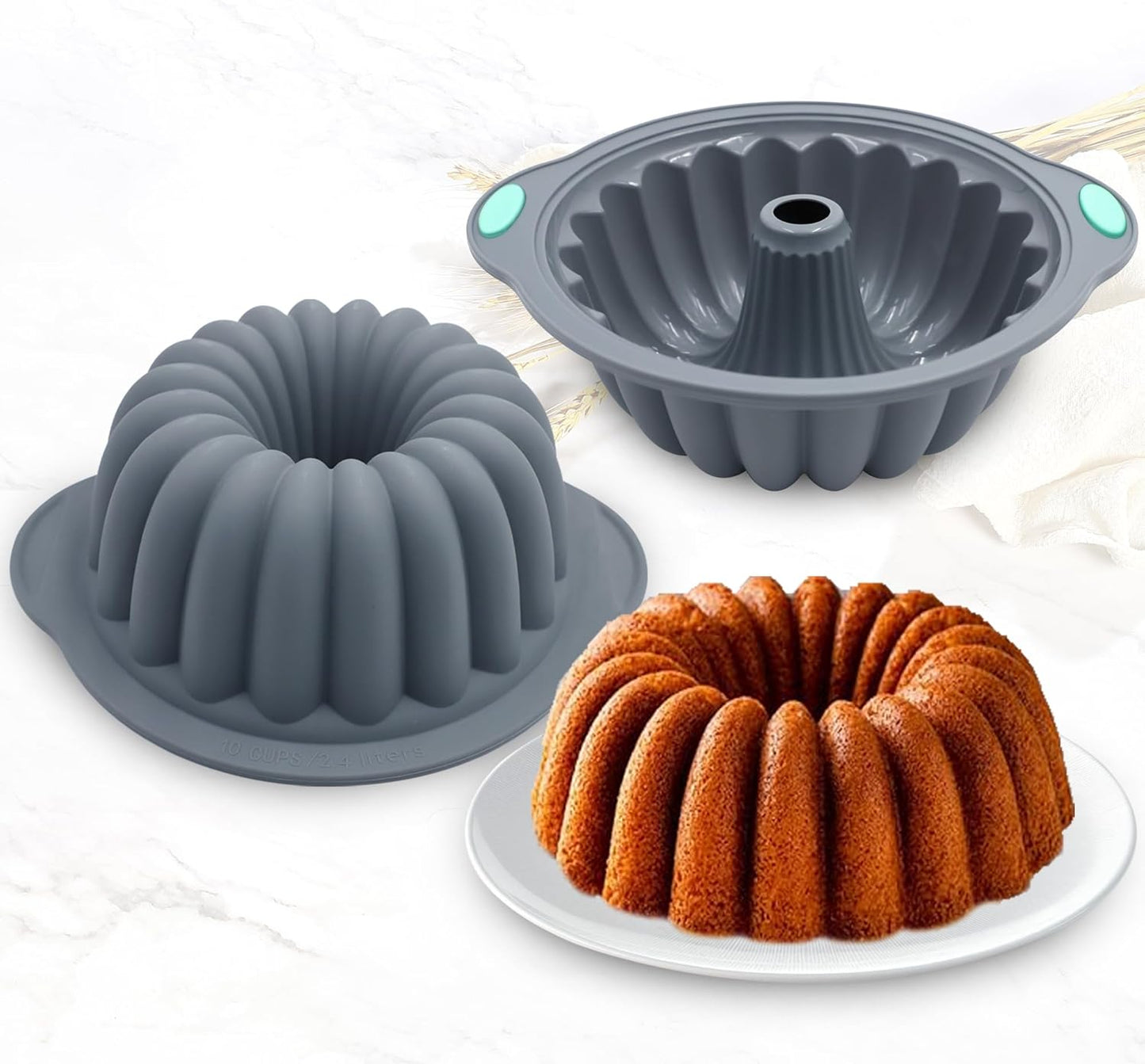 Tongjude Silicone Fluted Tube Cake Pans - 4 Pieces Non-Stick Baking Molds for Cakes, Jello & Bread | 10 Cups, Grey