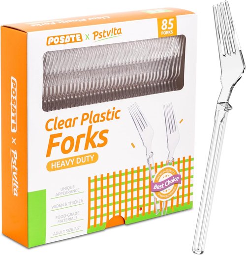 Heavy Duty Plastic Forks by [Brand Name] - Full Size 7.5" Clear Disposable Silverware | Pack of 85