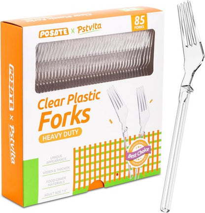 Heavy Duty Plastic Forks by [Brand Name] - Full Size 7.5" Clear Disposable Silverware | Pack of 85