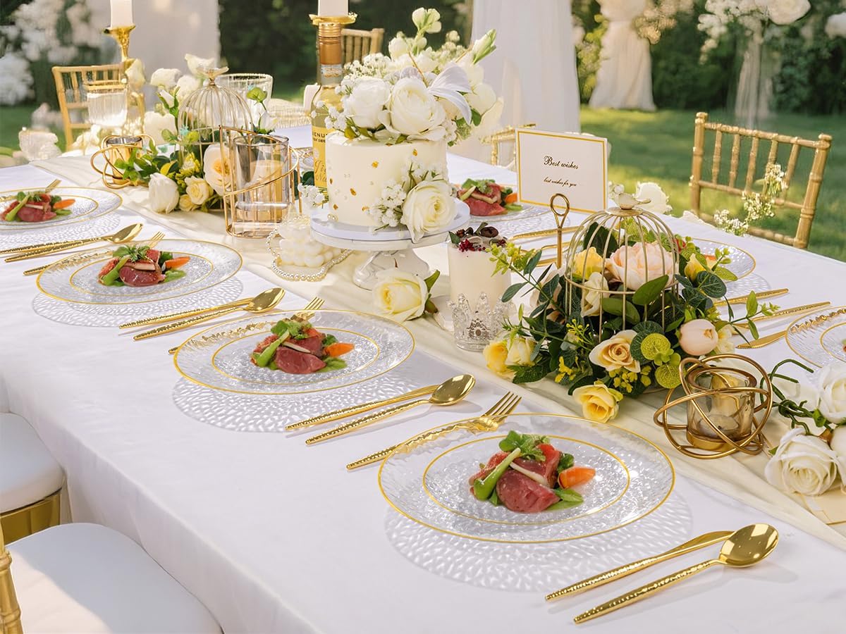 Rubtlamp Clear Plastic Plates - 60 Pcs Heavy-Duty Disposable Plates with Gold Rim | Perfect for Weddings & Parties