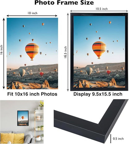 JCJMY 10x16 Picture Frame - Black Wall Hanging Frame with Shatter-Resistant Plexiglass | Versatile Mounting Options